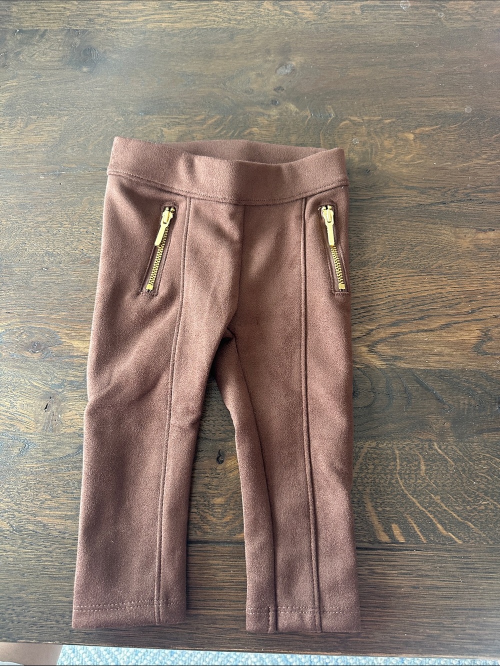 Janie and Jack Brown Faux Suede Leggings with Gold Zipper Detail